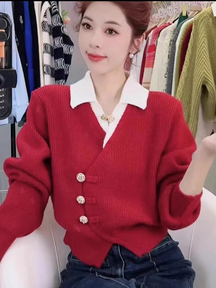 

Chic New Chinese Style Women's Fashion Set Knitted Sweater Jeans Long Pants Autumn 2024 Design Sense Collar Button up