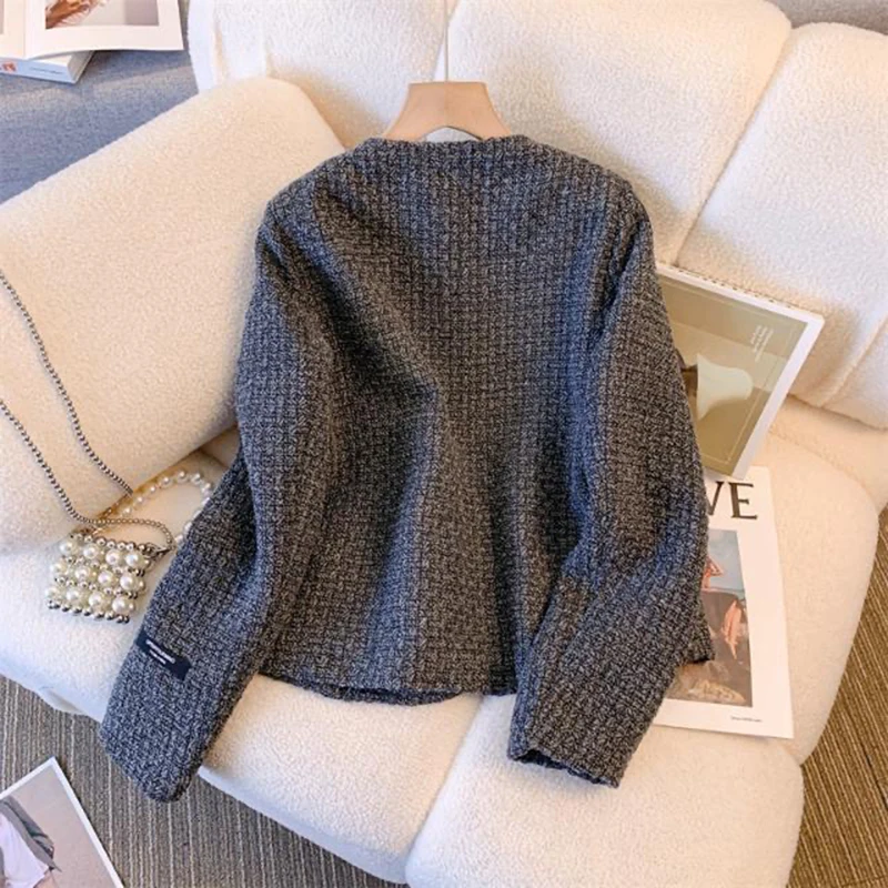 Slim Elegant Tweed Woolen Short Jackets Vintage Double Breasted Outerwears Fashion Casual Bomber Jaqueta Korean New Women Vestes