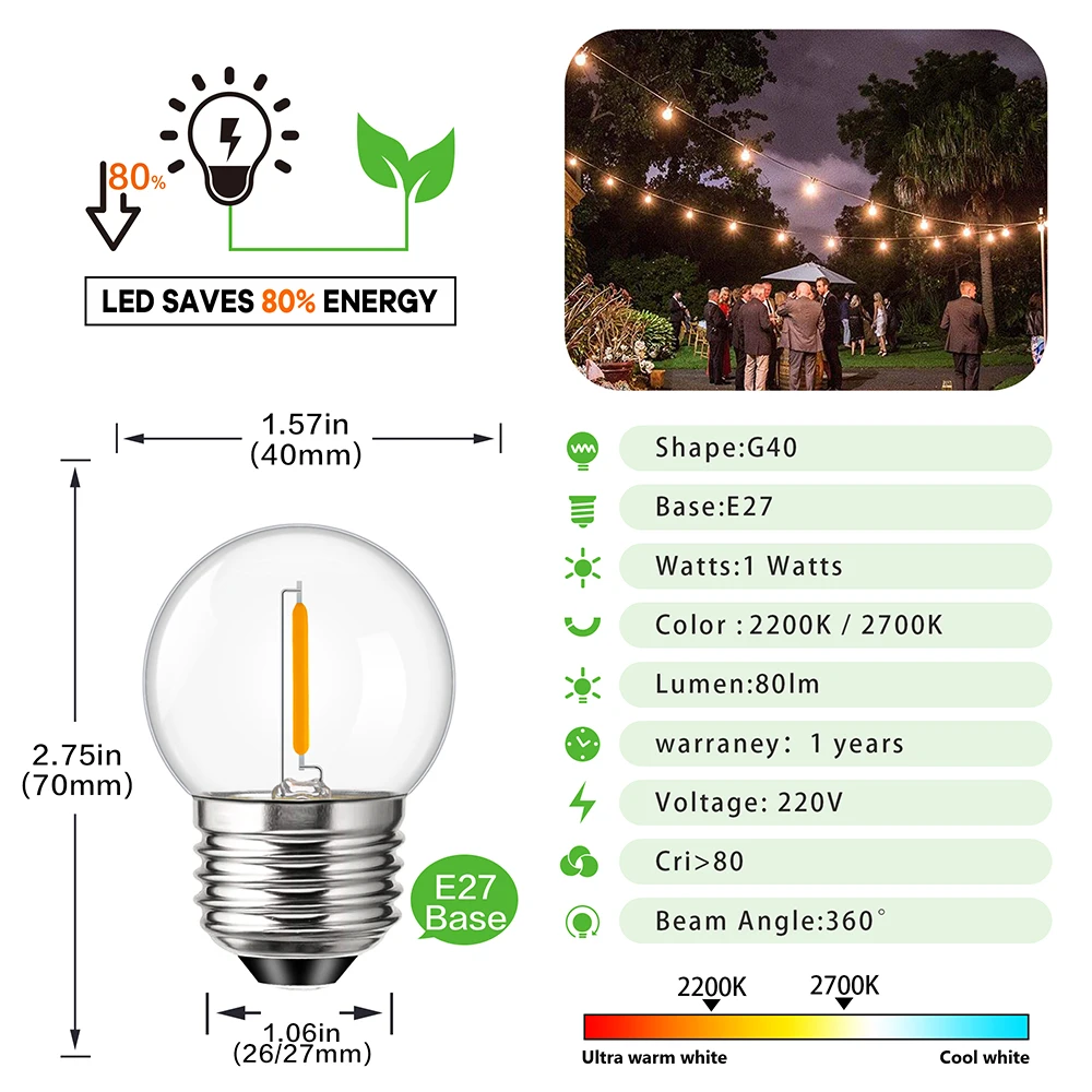 Vintage Substitua Lâmpadas LED, Ampola Decorativa Filamento, Quarto Lustres String Light, E27, 220V, G40, 1W, 15 Pcs