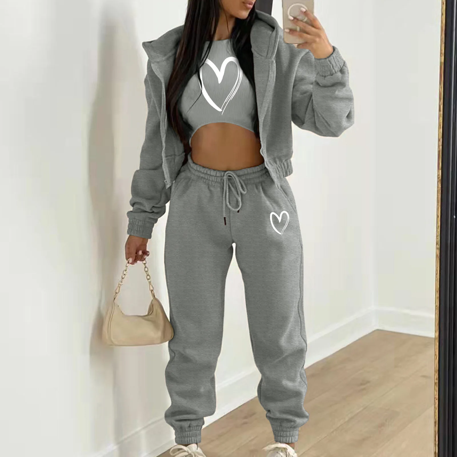 women\'s plush sweater with letter printing hooded sports casual set (three piece set) two piece set women sexy club  zevity