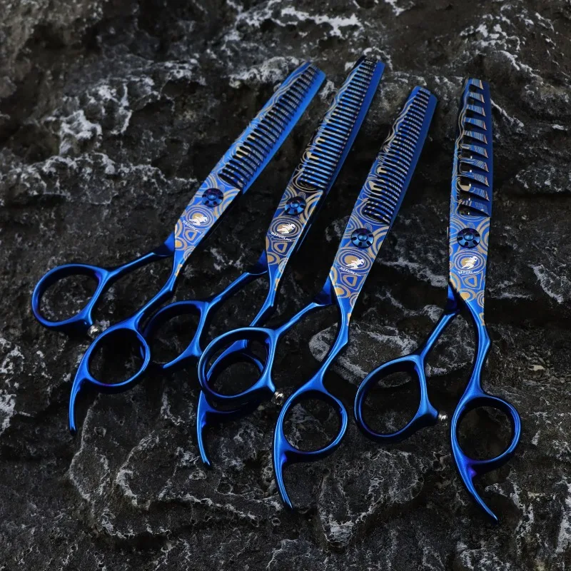 6.0-inch blue damascus-patterned hair scissors with multiple teeth available. Made of high-quality steel,  sharp durable