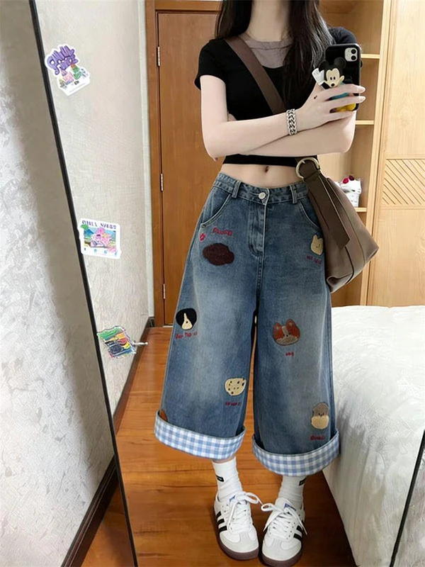 American Style Retro Dog Embroidery Jeans Loose Wide Leg Seven-Foot Summer New Style Slimming Flip- Casual High Waist