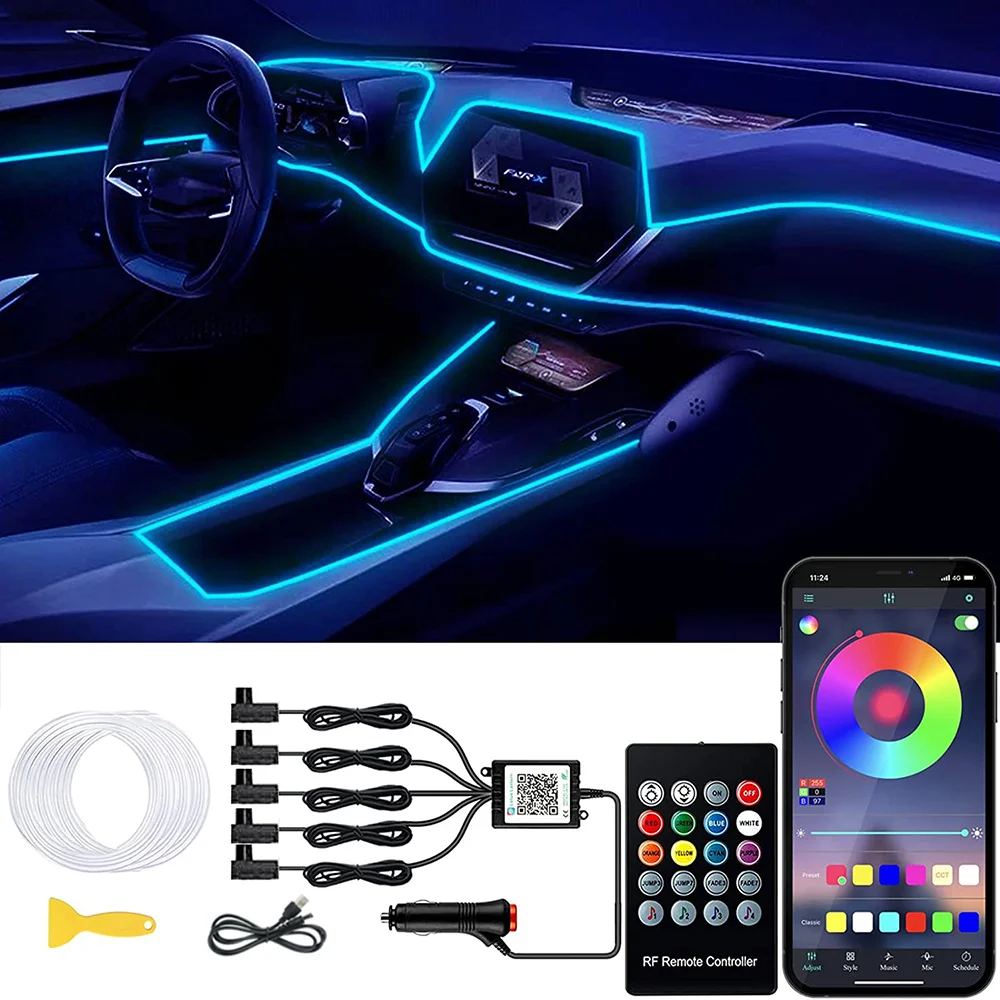 

4/5/6IN1 Neon LED Car Interior Ambient Light App Music Control RGB Strip Fiber Optic EL Wire Auto LED Atmosphere Decorative Lamp