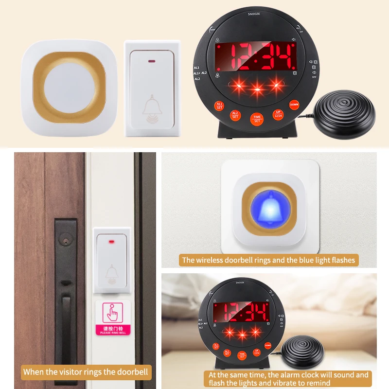 Digital Loud Speaker LED Flashing Light Vibrating Ring Alarm Clock Hearing Impaired Alert System for Heavy Sleepers Deaf view 2