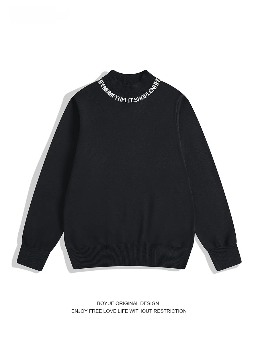 

BOYUE f High Collar Knitted Sweater Casual Slim Fit Letter Embroidery Base Layer Men's Warm Sweater Autumn Winter Inner Wear