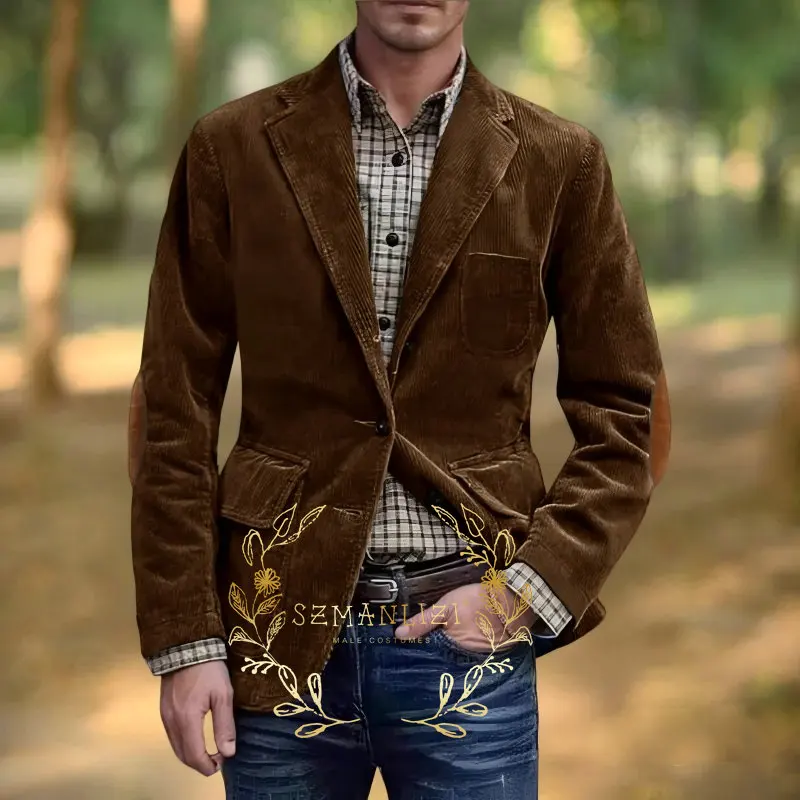 

Коричневый вельветовый деловой пиджак для мужчин, весна-осень, винтажный стиль, мужские куртки, хлопковый повседневный приталенный крой, свадебный костюм, мужской пиджак, Homme