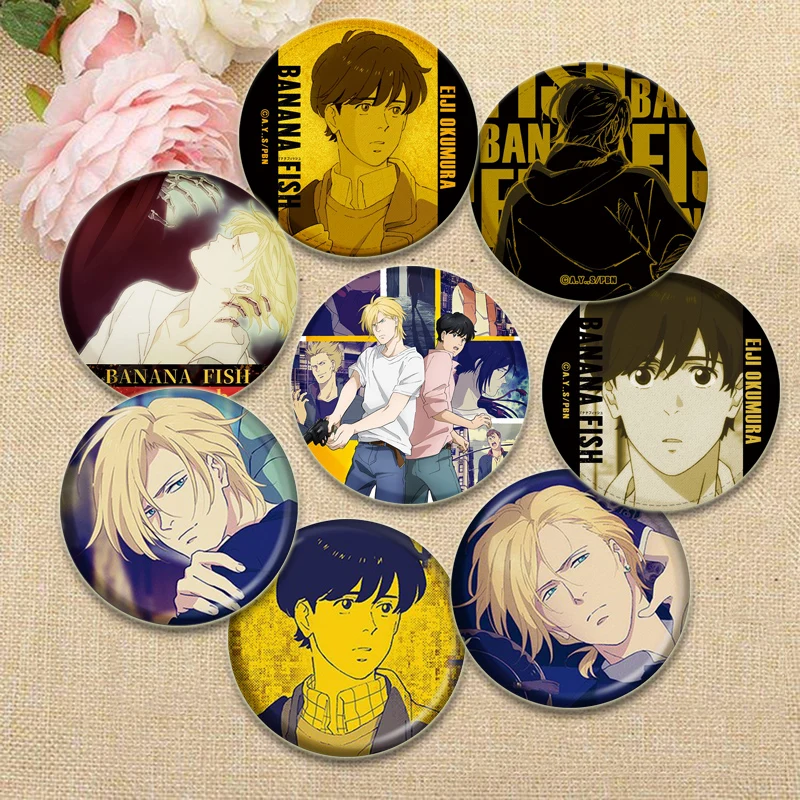Round Snap-in Brooches Anime Banana Fish Lapel Pins Aslan Jade Callenreese Ash Lynx Yuki Okimura Cartoon Badges Accessories Gift