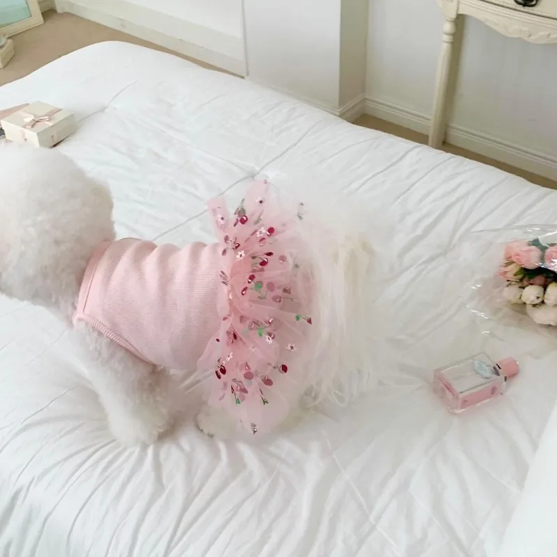 Summer Pet Dog Princess Puffy Skirt Cat Teddy Bear Summer Pomeranian Jumpsuit Cherry print Pleated Puppy Skirt Dog Clothes