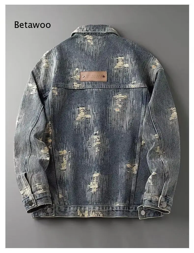 Men American Vintage Lapel Collar Denim Jacket Long Sleeve Loose Workwear Trucker Coat for Street Daily Casual Wear