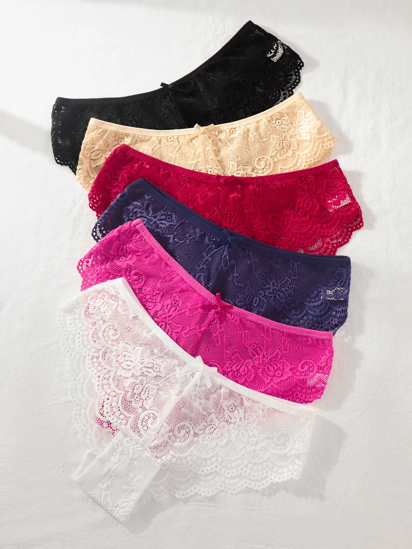 Conjunto com 6 calcinhas de renda para mulheres - Combinação de cores vermelho/branco/pele/preto/azul-marinho/rosa - Roupa íntima feminina confortável e respirável para uso diário