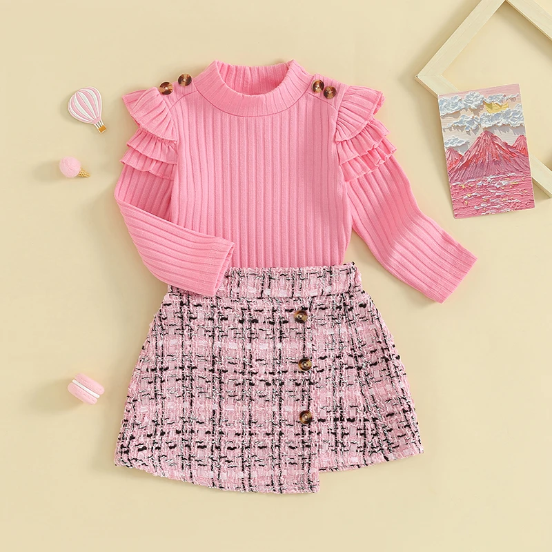 

Suefunskry Toddler Girls 2Pcs Spring Fall Outfits Ruffled Long Sleeve Ribbed Pullover Tops + Plaid Skirt Set Baby Clothes