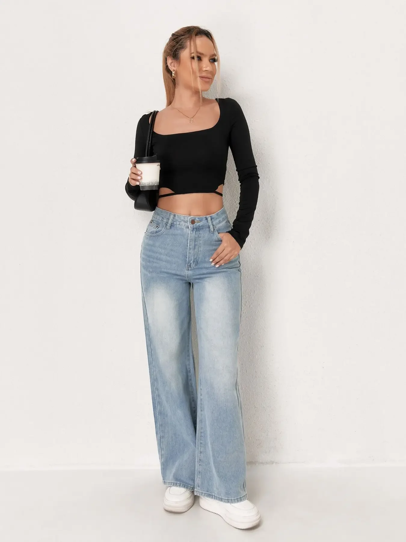 

Trendy Womens Jeans Distressed Blue Baggy Jeans Loose Wide Pants High Waist Comfort Stretch Denim Trousers Fashion 2025