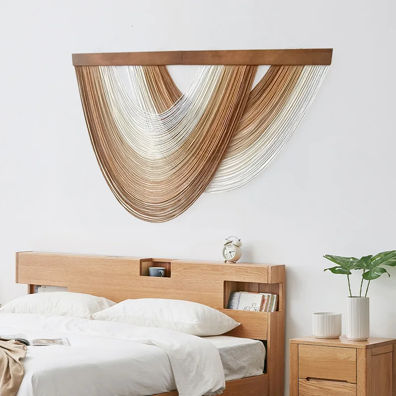 Nordic Gradient Macrame Wall Hanging, Wooden Board Hand Woven Tapestry, Pure Cotton Rope Art Wall Decor for Living Room Bedroom