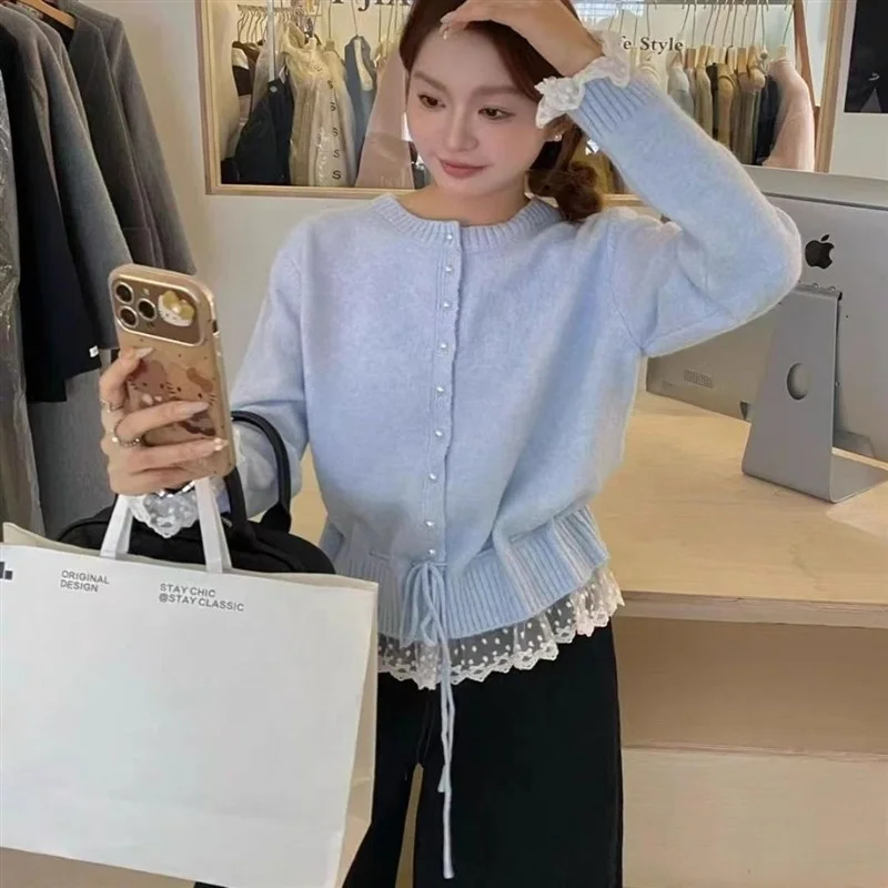 

Sweet Korean Sle Lace Trim Belted Loose Women's Sweater Spring Autumn Faion Casual Comfortable Fit Trimming Design