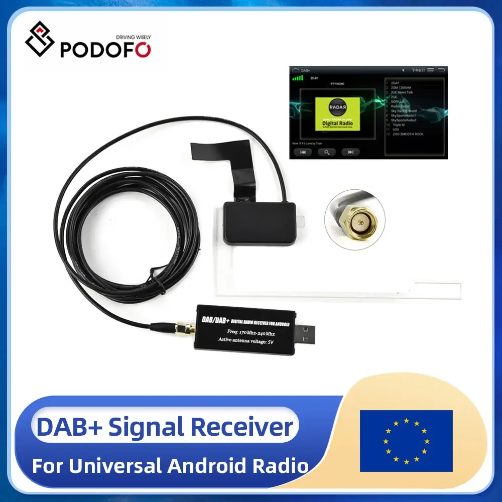 Podofo Universal DAB Antenna with USB Adapter Receiver Android Car Stereo Player Car GPS Receiver DAB+ Signal Receiver