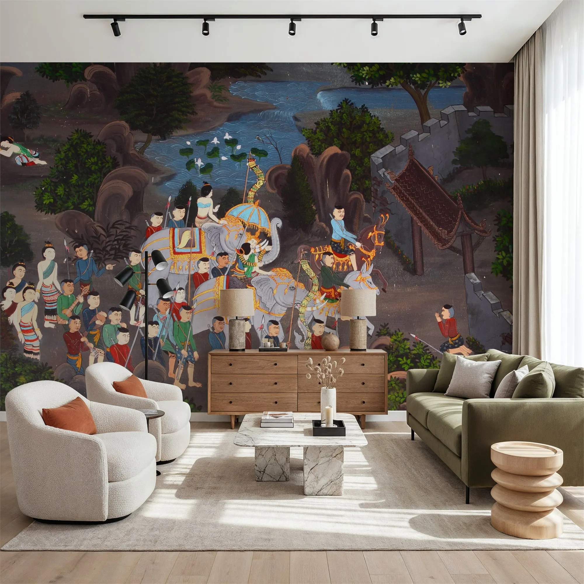 Custom Elephant Procession to The Temple Thai Painting Kids Room Wallpaper Large Peel and Stick Mural Wall Decor