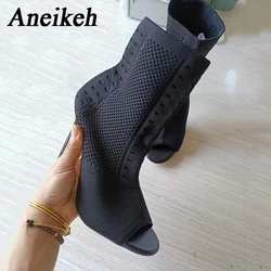 Aneikeh 2025 Spring Autumn Knitted Stretch Fabric Ankle Boots Peep Toe Thin High Heel Sexy Cut-Out Shoes Classics Booties Black