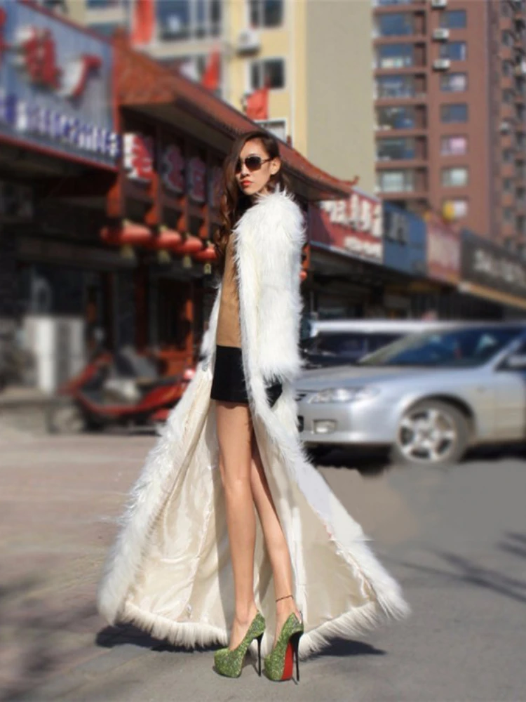 Women White Thick Faux Fur Jacket Colorblock Autumn Winter Maxi Coat Long Warm Luxury Belt Fur Parkas Bontjas Furry Outerwear