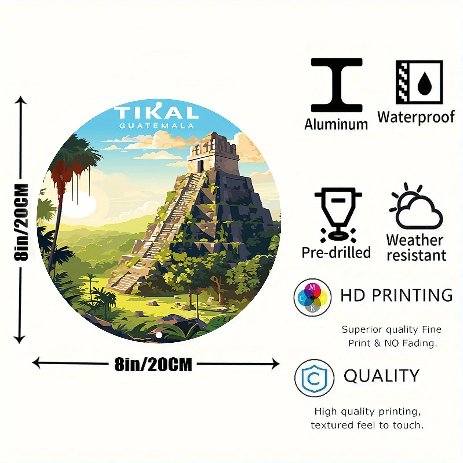 1pc Tikal Guatemala Themed Aluminum Metal Sign - Round Vintage-Inspired Artwork, HD Printed Wall Decor for Home & Garden, Pre-Dr