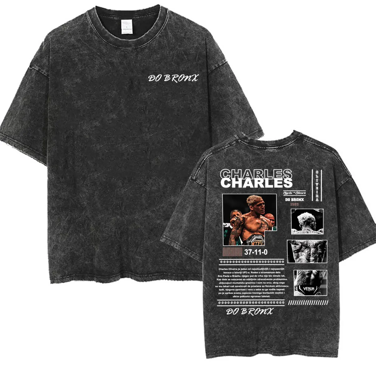 Limited Charles Oliveira Do Bronx Vintage Washed T-shirts Men's Clothes Harajuku Gothic T Shirts Casual Cotton Oversized T-shirt