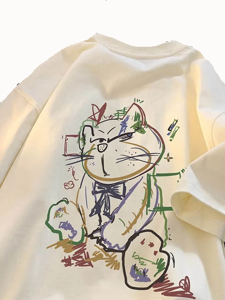 

Cartoon graffiti short-sleeved T-shirt men's summer loose pure cotton round neck clothes trendy brand American teen half-sleeves