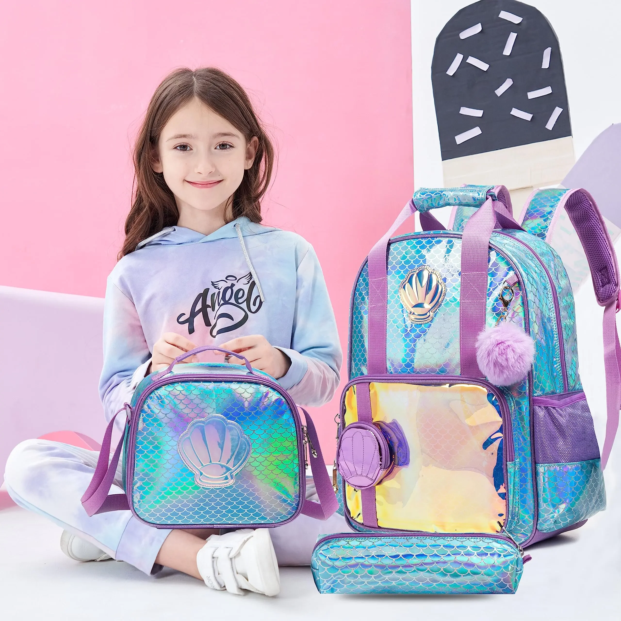 Bikab-Rainbow e Star School Bag Set com lancheira para meninas, Glitter Lantejoula Bookbag para jardim de infância