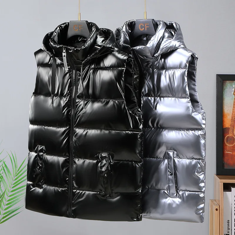 2025 Oberfläche glänzend schwarz grau Weste Weste Männer mit Kapuze lässig warm dick Herren Weste Jacke Reißverschluss Oberbekleidung Herbst Winter