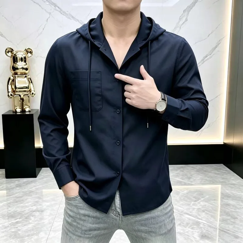 Light Thin Sunscreen Long Sleeved Shirt for Men Solid Color Simple Casual Social Sunscreen Shirt Hooded Versatile Streetwear Man