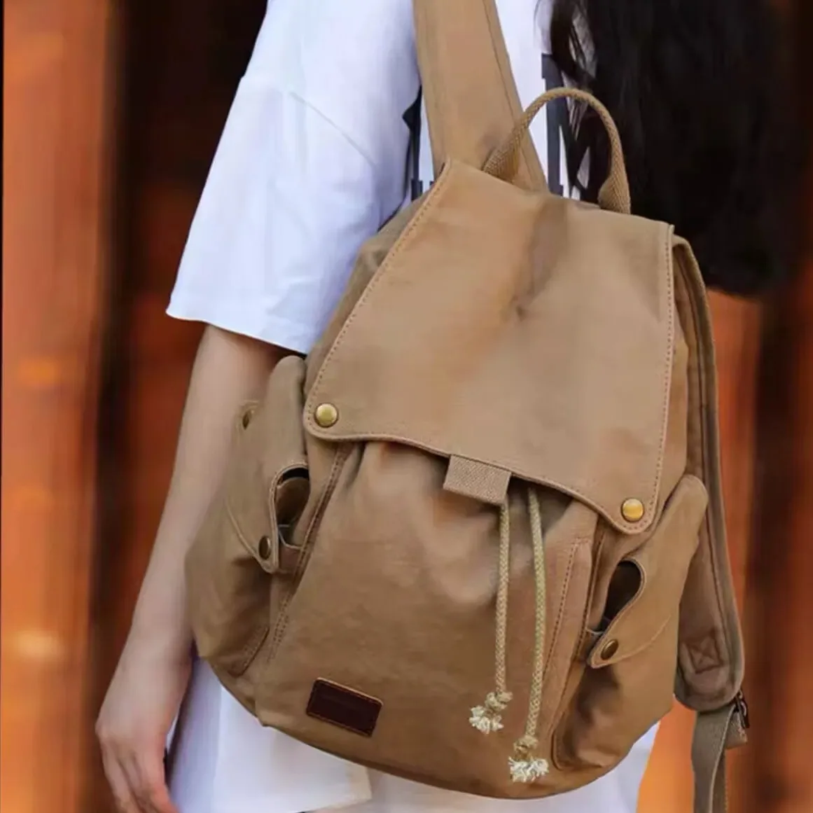 Canvas Travel Backpack Men's Casual Leisure Drawstring Rope Shoulder Bag Artistic Japanese Style College Student Bookbag