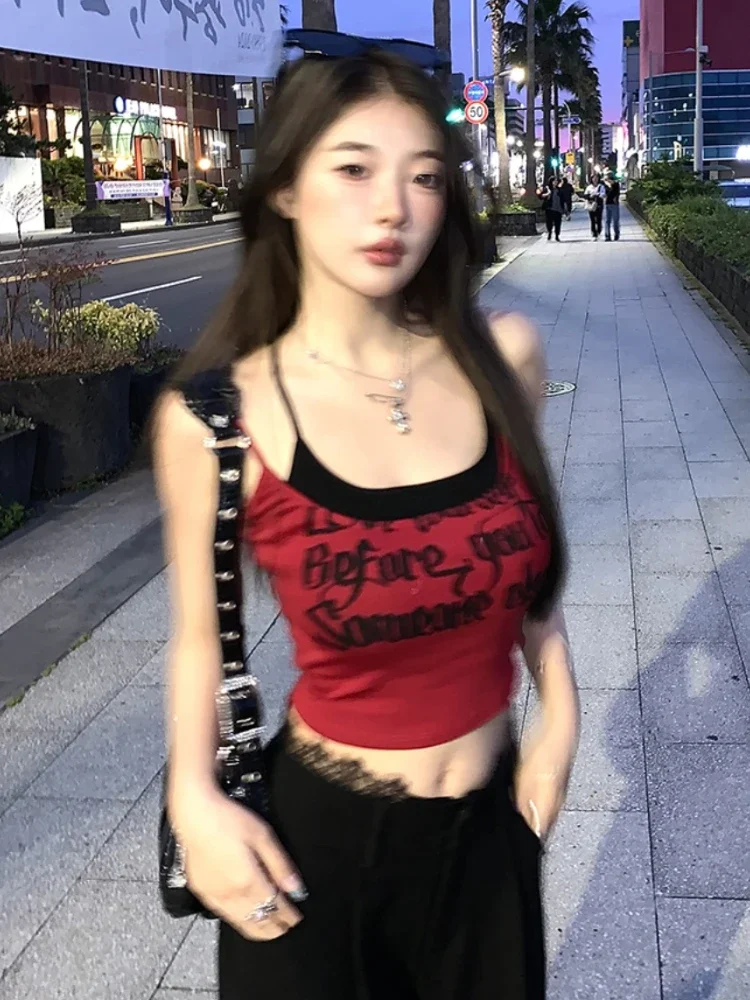 Summer New Sexy Slim 2 Piece Set Woman 2000s Casual Bodycon Print Camisole Red Fashion Y2k Crop Tops Korean Style Suit Hot Girls