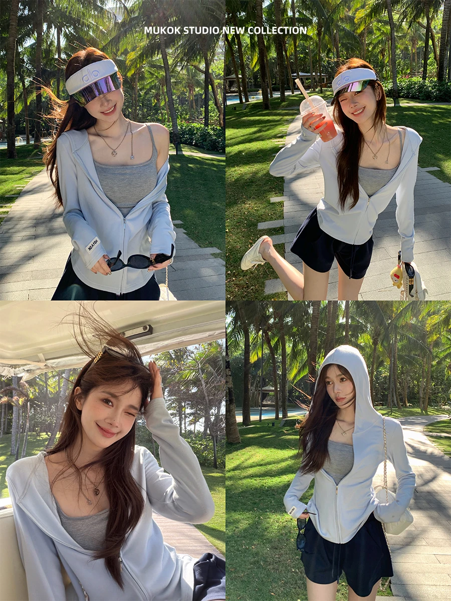 

Женская повседневная тонкая толстовка MUKOK с капюшоном, верхняя одежда для весны и лета, новая модная модель с защитой от УФ-излучения, удобный повседневный топ