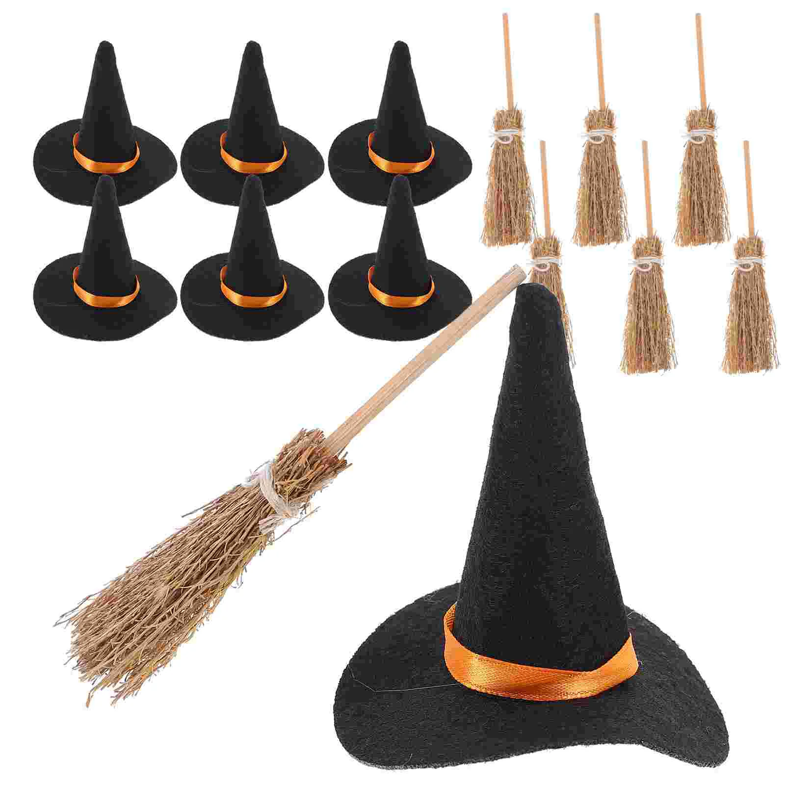 14pcs Mini Witch Hats Felt Halloween Tiny nament Broom Craft Set 7 Hats 7 Brooms Party Supplies Small Witch Hat Decoration