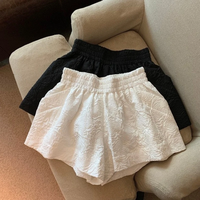 Black White Jacquard Shorts Women 2024 Summer Elastic High Waist Pockets Wide Leg Shorts Woman Loose Streetwear Half Pants