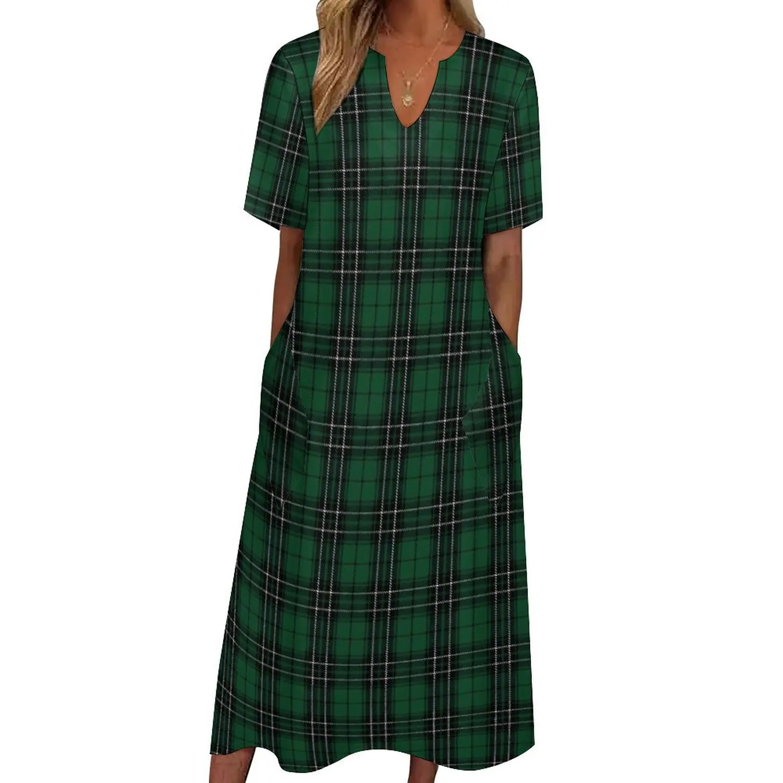 

Retro Plaid Dress Green Black Trendy Maxi Dress Street Fashion Boho Beach Long Dresses Summer V Neck Graphic Vestido Big Size