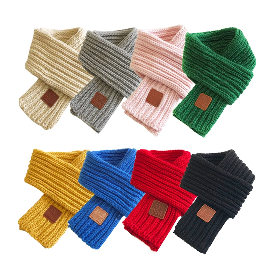 Winter Baby Scarfs Knitted Kids Neck Warmer Leather Lable Cross Children Boys Girls Scarves Baby Accessories 9*110cm