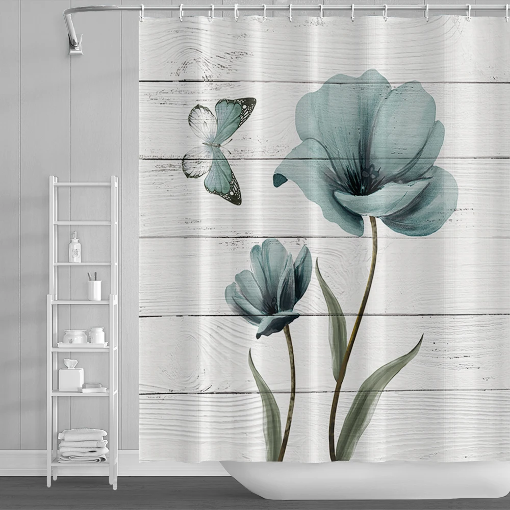 Sunflower Printing Shower Curtain Butterfly Wood Panels Home Decor Waterproof   Bathroom  With Hooks