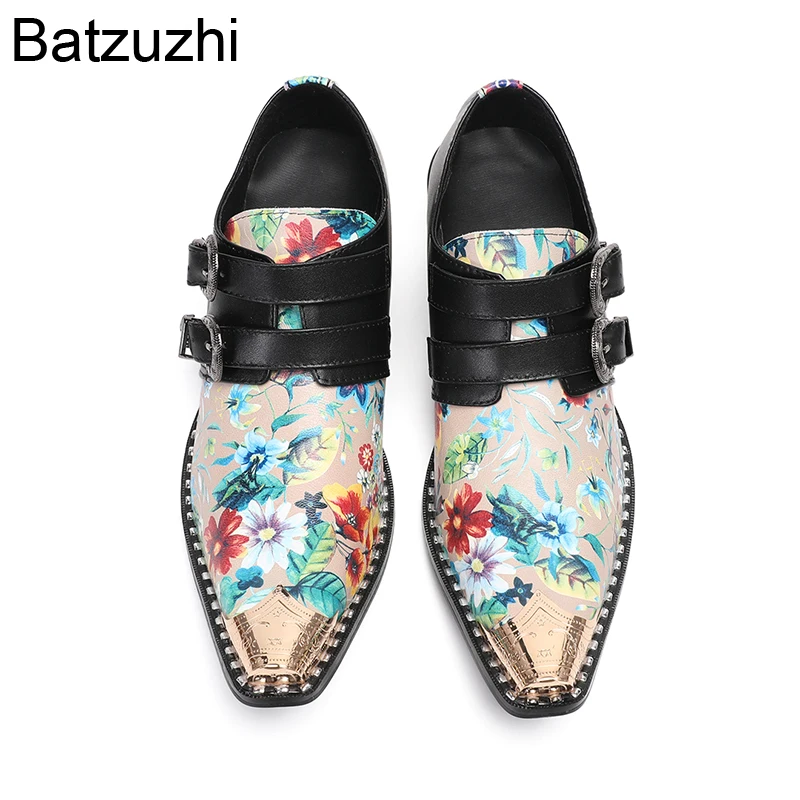 Batzuzhi Flowers Print Leather Dress Shoes Man Top Fashion Men's Shoes Slip on Formal Leather Business, Party Shoes 6cm Heels