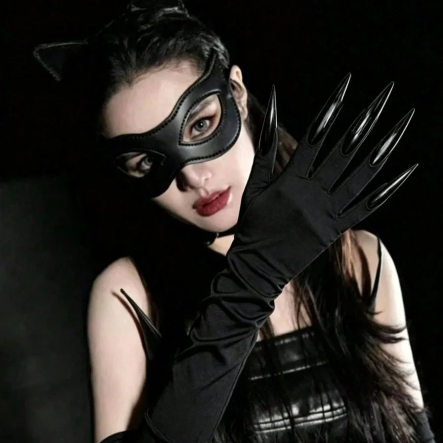 Black Eye Mask & Long‑Clawed Glove Cosplay Set, Retro Imitation Leather Half‑Face Mask, Gothic Party Costume Props for Halloween