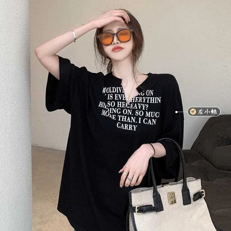 DAYIFUN Ladies‘ Large Size V-neck T-shirt Summer Letter Print Long Loose Female Short Sleeve Tshirts Girl's Casual  Oversize Top