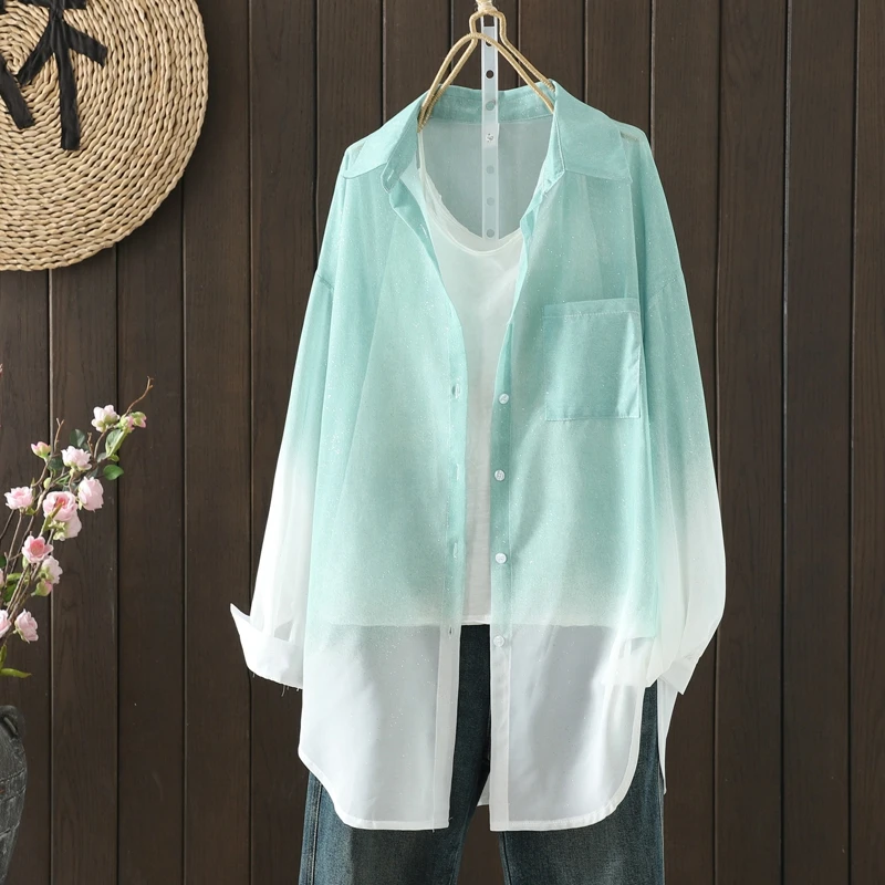 Loose Long Sleeve Casual Shirt New plus Size Women's Fashion Single Button Gradient Color Top Polyester Fiber Regular Thickness