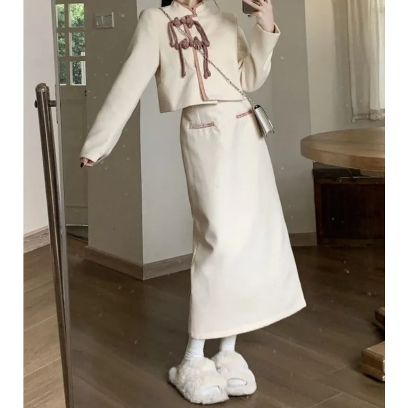 

New Chinese-style Suit for Women: Color-blocked Stand-up Collar Long-sleeved Coat Split Midi Skirt Women's Two-piece Set