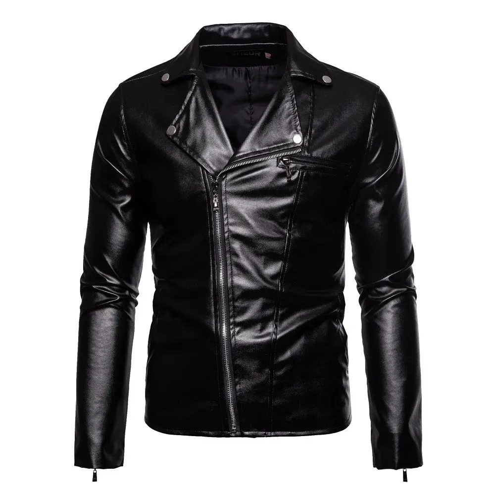 Autumn Winter Men's PU Leather Motorcycle Jacket Turn Down Collar Casual Slim Zipper Outwear Coats Man Solid Moto Biker Jackets