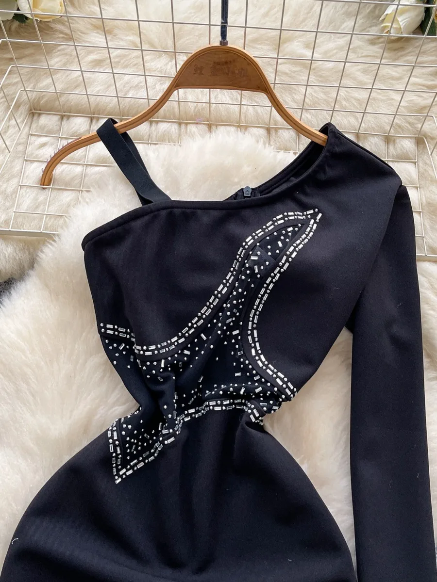 Foamlina menina high street chique indústria pesada fora do ombro suspender vestido de manga longa y2k quente diamante cintura vestidos apertados