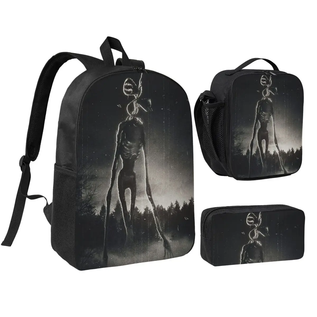 3Pcs Siren Head In Dark Forest Backpack Set for Boy Girl Pen Bags Bookbag Sets with Lunch Box For School Students Knapsack