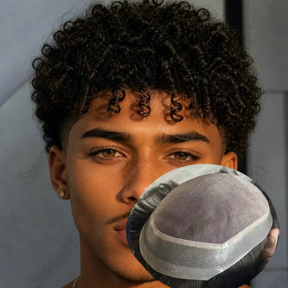 15mm/18mm/20mm Curly Durable Fine Mono PU Mens Toupee Human Hair System Men Hair Replacement Unit Undetctable Cpillary Prothesis