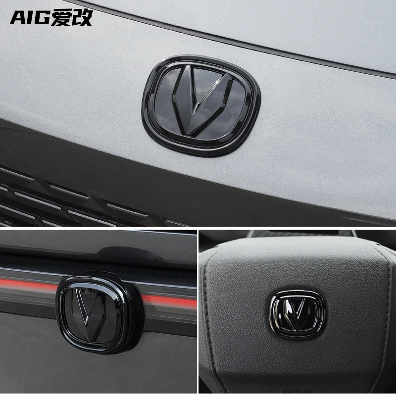 Para Changan Univ Uni-v 2022 ABS emblema del volante trasero delantero patrón de fibra de carbono negro parche modificado marco decorativo