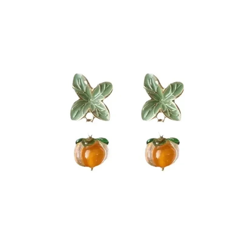 اليابانية Yuanqi فتاة البرتقال الزجاج الأذن كليب الملحقات الزجاج البرسيمون أقراط الرجعية لا ثقب الأذن قرط كبس #5