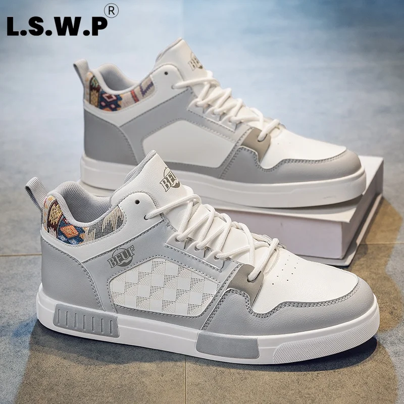 Men's Running Shoes, Men's Retro Checkerboard High-Top Sneakers, Pu Leather Color-Block Ethnic Brocade Casual Men's Shoes, Wear-Resistant Non-Slip Rubber Flat Mid-Top Trendy Shoes, Versatile Casual Shoes for Men's Daily Street Wear and Commuting