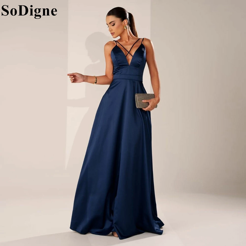 SoDigne Sexy Satin Evening Dresses V-Neck Halter Spaghetti Straps Pleated Party Dress 2024 Special Occasion Prom Gown Customized