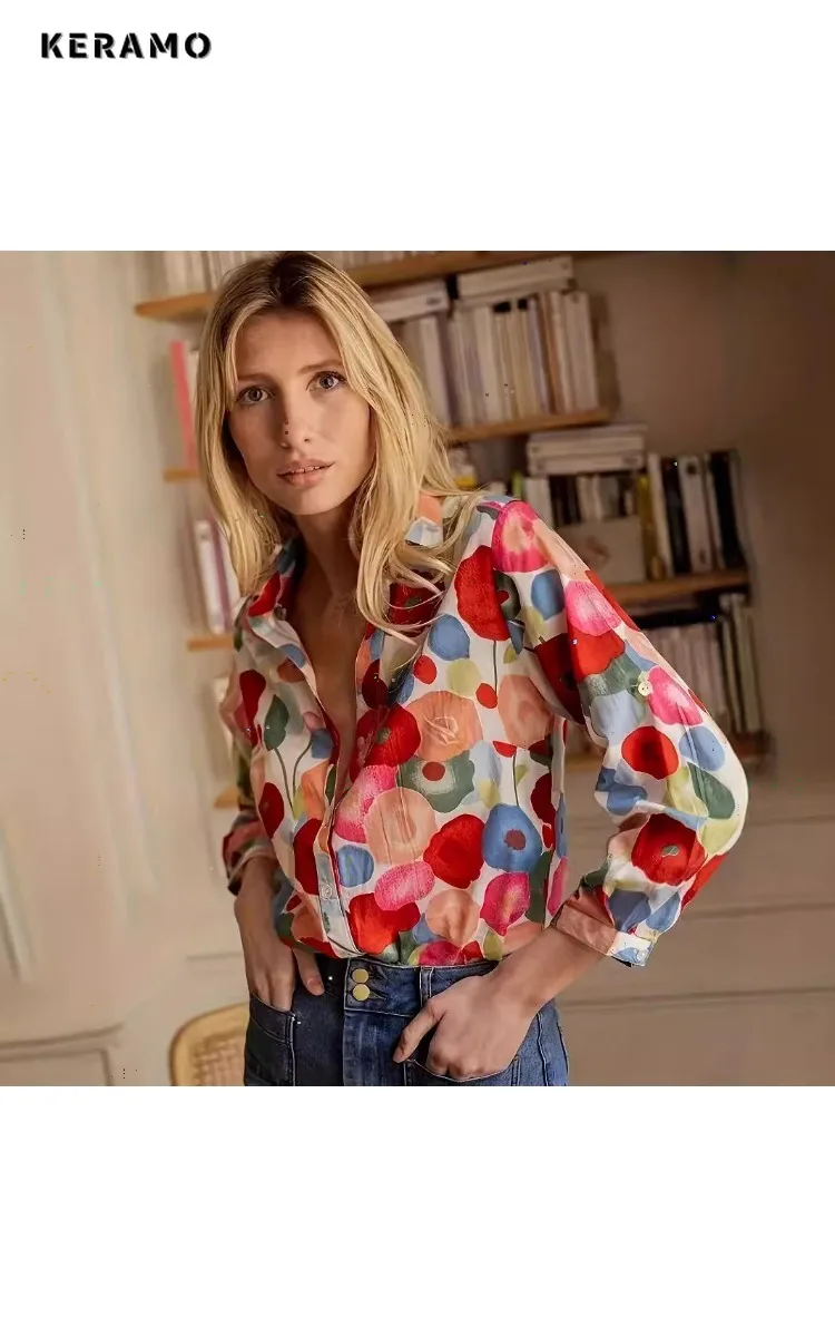French Elegant Style Floral Print Turn Down Collar Luxury Blouses 2025 Winter Women Office Lady Long Sleeve Shirts Chiffon Top